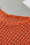 Orange Open Knit Crochet Bell Sleeve Tunic Sweater