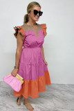 Bonbon Color Block Tiered Notched Neck Ruffle Sleeve Dress