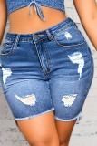 Blue Ripped Raw Hem Denim Shorts 