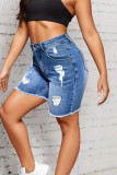 Blue Ripped Raw Hem Denim Shorts 