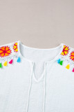 White Knit Crochet Patchwork Textured Fringed V Neck Blouse