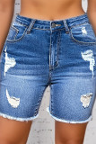 Blue Ripped Raw Hem Denim Shorts 