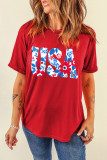 Red USA Flower Print Round Neck T Shirt