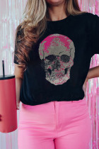 Black Rhinestone Skull Graphic Crewneck T Shirt