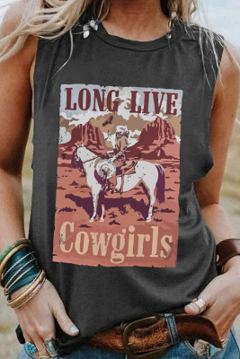 Gray LONG LIVE Cowgirls Western Print Crew Neck Tank Top