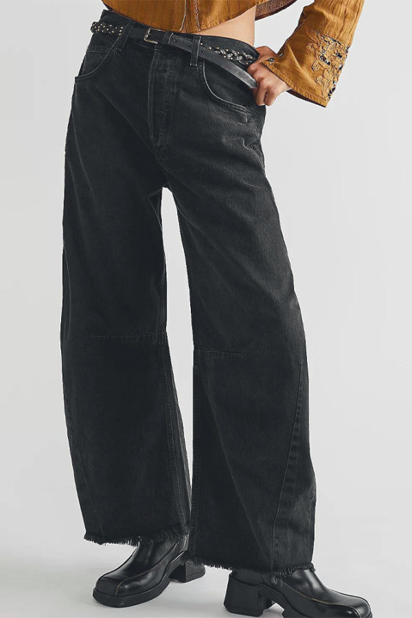 Ripped Raw Hem Wide Leg Jeans 