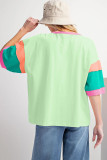 Green Color Block Stitching Sleeve Round Neck Oversize Top