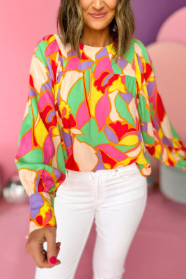 Yellow Abstract Print Puff Sleeve Blouse