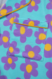 Sky Blue Cute Flower Print Contrast Trim Plus Size Short PJ Set