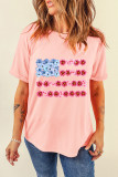 Pink Floral Printed Crew Neck Flag Day T Shirt