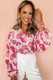 Pink Blooming Floral Print Puff Sleeve Buttoned Shirt