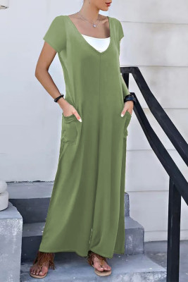 Green V Neck Wide Leg One Piece Jumpsuit 