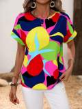 Trendy Multi-Color Printed U-Neck Short Sleeve Top