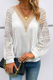 Casual Long Sleeve V-Neck Hollow Lace Shirt 