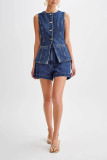 Sleeveless Button Up Denim Top and Shorts Set 