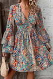 Flare Sleeves V Neck Boho Printed Dress 