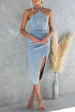 Halter Neck Backless Denim Split Dress 