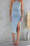 Halter Neck Backless Denim Split Dress 