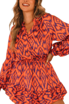 Lantern Sleeves V Neck Printed Dress 