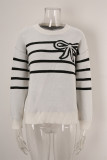 Striped Bow Round Neck Floral Knit Sweater