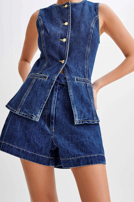 Sleeveless Button Up Denim Top and Shorts Set 