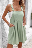 Grass Green Solid Color Adjustable Straps Pleated Romper with Pockets