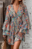 Flare Sleeves V Neck Boho Printed Dress 