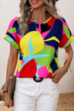 Trendy Multi-Color Printed U-Neck Short Sleeve Top