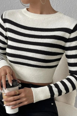 Striped Short Length Long Sleeves Knit Sweater