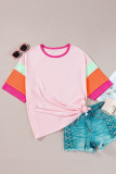Pink Color Block Half Sleeve O Neck Plus Size T Shirt
