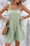 Grass Green Solid Color Adjustable Straps Pleated Romper with Pockets