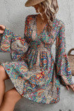 Flare Sleeves V Neck Boho Printed Dress 