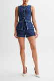 Sleeveless Button Up Denim Top and Shorts Set 