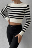 Striped Short Length Long Sleeves Knit Sweater
