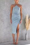 Halter Neck Backless Denim Split Dress 