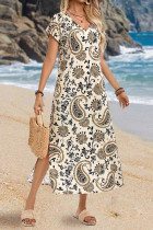 Apricot Printed Short Sleeves Dress