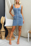 Zipper Design Sleeveless Denim Tank Dress 