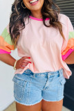 Pink Color Block Half Sleeve O Neck Plus Size T Shirt