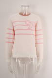 Striped Bow Round Neck Floral Knit Sweater