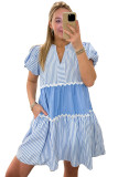 Sky Blue Ric Rac Striped Bubble Sleeve V Neck Dress
