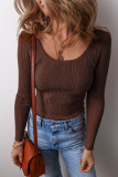 Coffee Solid Color Rib Knit U Neck Slim Fit Long Sleeve Top
