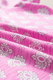 Pink Vintage Floral Ruffled Split Neck Short Sleeve Blouse