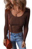 Coffee Solid Color Rib Knit U Neck Slim Fit Long Sleeve Top