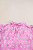 Pink Vintage Floral Ruffled Split Neck Short Sleeve Blouse