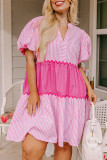 Pink Ricrac Block Accent Puff Short Sleeve Flowy Plus Dress