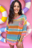 Pink Stripe Colorblock Hollowed Crochet 3/4 Sleeve Sweater