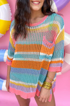 Pink Stripe Colorblock Hollowed Crochet 3/4 Sleeve Sweater