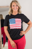 Black Frayed American Flag Printed Crewneck T Shirt