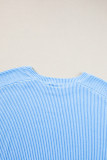 Light Blue Plus Size Ribbed Long Sleeve Top and Drawstring Shorts Set