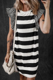 Black Stripe Contrast Ruffled Sleeve T-shirt Dress